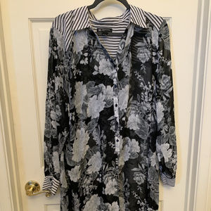 INC Woman Black and White floral stripe sheer top
